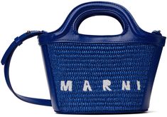 Woven faux-raffia tote in blue. · Buffed calfskin trim throughout · Integrated carry handles · Detachable and adjustable crossbody strap · Logo embroidered at face · Card slot at interior · Cotton twill lining · H4.5 x W7.5 x D3.75 · Total height: H6.75 Supplier color: Iris blue Micro Bag, Everyday Essentials, Logo Embroidered, Crossbody Strap, Womens Tote Bags, Cotton Twill, Everyday Essentials Products, Calf Skin, Fashion Bags