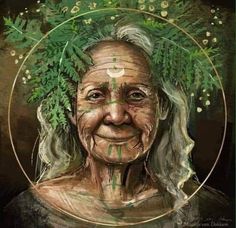 an old woman with green leaves on her head and face, in front of a black background