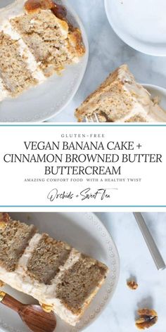 two slices of vegan banana cake and cinnamon brownie butter buttercream