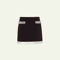 Miu Miu grain de poudre skirt with glass embellishment High waist A-line silhouette Mini length Side zip Virgin wool/elastane Dry clean Made in Italy Wool Mini Skirt, Bergdorf Goodman, Miu Miu, Side Zip, Mini Skirt, Grain, Tops Designs, High Waist, A Line