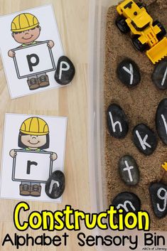 construction themed alphabet and letter matching activity for toddlers to practice their letters with rocks