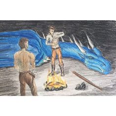 a drawing of two men standing next to a blue dragon and fire pit in the sand