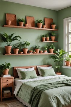 a bedroom with green walls and plants on the shelves