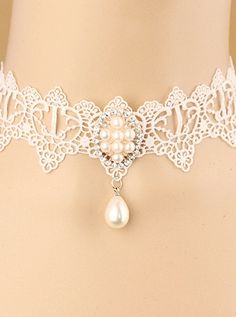 White Classic Lace Pearl Pendant Lolita Necklace Elegant Halloween Costume Jewelry, Elegant Costume Jewelry Choker, Elegant Jewelry For Halloween Costume Party, Elegant Halloween Jewelry For Costume Party, Elegant Necklaces For Halloween Party, Elegant Halloween Party Necklaces, Elegant Halloween Party Necklace, Metal Crown, Lolita Dress