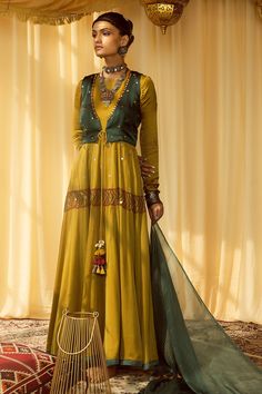 Shop for these amazing collections of Yellow Modal Satin Embroidery Thread And Mirror Work Waistcoat & Anarkali Set For Women by Zariya the Label online at Aza Fashions. Mustard Anarkali, Satin Embroidery, Happy Dresses, Lehenga Blouse Designs, Green Mirror, Dream Wedding Ideas Dresses, Trendy Fashion Tops, Pattern Embroidery, Satin Color