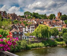 a river running through a small town next to a lush green hillside covered in flowers