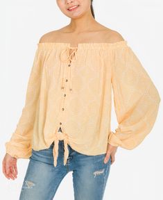 Bring boho style into the now in this sweet off-the-shoulder juniors' peasant-style top from Hippie Rose.
<ul>
 	<li>Approx. model height is 5'10" and she is wearing a size medium</li>
 	<li>Elasticized off-the-shoulder neckline; button and tie closures at front</li>
 	<li>Elasticized cuffs</li>
 	<li>Rayon</li>
 	<li>Machine washable</li>
 	<li>Imported</li>
</ul> Casual Off-shoulder Peasant Top For Vacation, Bohemian Long Sleeve Off-shoulder Top For Vacation, Casual Off-shoulder Peasant Top, Off-shoulder Peasant Top For Beach In Spring, Bohemian Off-shoulder Spring Tops, Bohemian Off-shoulder Top For Beach, Bohemian Long Sleeve Off-shoulder Top, Bohemian Off-shoulder Long Sleeve Top, Spring Peasant Off-shoulder Blouse