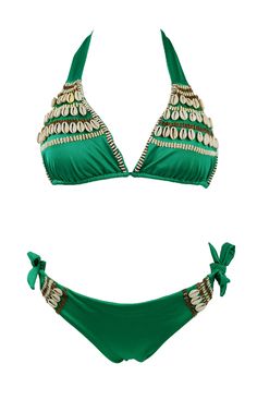 Green Bikini with Shells and beads decorated Beaded Beachwear Swimwear For Festivals, Beaded Swimwear With Triangle Top For Pool, Beaded Triangle Top Swimwear For Pool, Bohemian Green Tie-side Swimwear Bottom, Summer Beaded Swimwear For Pool, Beaded Swimwear For Summer Pool, Summer Festival Beaded Swimwear, Beaded Swimwear For Summer Pool Occasions, Beaded Swimwear For Pool And Summer