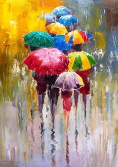 painting of colorful umbrellas in the rain