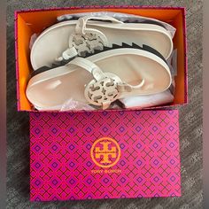 New In-Box, Perfect Condition, Never Worn Luxury White Synthetic Sandals, Designer Closed Toe Cream Sandals, Designer White Sandals With Cushioned Footbed, Designer Cream Closed Toe Sandals, Tory Burch Slides, Miller Sandal, Uniqlo Bags, Vintage Chanel Handbags, Tory Burch Sandals