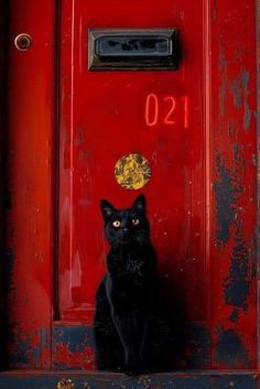 a black cat sitting in front of a red door with the number twenty on it