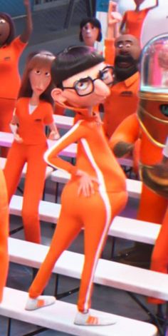 several cartoon characters are standing on white benches in front of an orange and black space suit