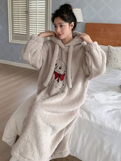 Light Grey  Collar  Flannelette   Embellished Non-Stretch Winter Women Sleep & Lounge Cute Hooded Sleepwear, Cute Hooded Sleepwear For Lounging, Cute Hooded Sleepwear For Bedtime, Cutest Pajamas, Kawaii Winter Hoodie For Loungewear, Crinoline Wedding Dress, Kawaii Cotton Sleepwear For Winter, Lounge Dresses, Night Clothes