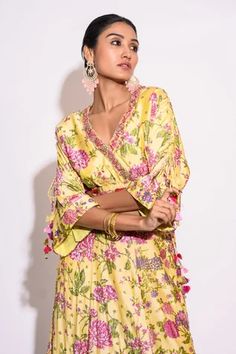 Shop for Aangan by Parul Yellow Floral Print Silk Top And Skirt Set for Women Online at Aza Fashions Silk Top And Skirt, Print And Embroidery, Top And Skirt Set, Hand Accessories, Yellow Silk, Top Skirt Set, Embroidery Floral, Embroidered Neckline, V Neck Top