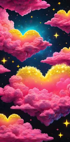 the sky is filled with pink clouds and yellow stars in the night, as if they were floating in the air