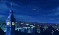 the big ben clock tower towering over the city of london at night with stars in the sky