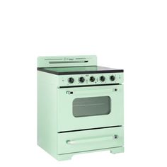 a green stove with two burners and one oven door is on a white background