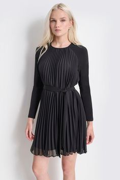 Raglan sleeves Crew neck Belted Hem hits above knee Pleated Keyhole button closure at back Origins: Imported Style: DD4GS41A | DKNY Women's Long Sleeve Pleated Dress in Black Size 4 Fitted Pleated Knee-length Long Sleeve Dress, Knee-length Long Sleeve Dress With Pleated Sleeves For Spring, Black Knee-length Pleated Dress For Work, Black Knee-length Dress With Pleated Sleeves, Button-up Daywear Dress With Pleated Waist, Fall Neutrals, Polo Women, Under Dress, Back Women