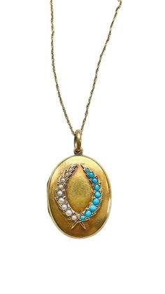 "This is such a gorgeous bespoke necklace!  This keepsake Victorian Photo Locket features a lovely Laurel Wreath design encrusted with Faux Pearls & Turquoise. The laurel leaf is associated with Victory, Success and Achievement. Which makes it an ideal gift for graduates, new moms, anniversaries and beyond.  * Vintage GF Photo Locket (1.5\" x 1\") * 18\" Chain *  Laurel wreath with 9 encrusted faux turquoise and pearl stones" Gf Photo, Engraved Locket, Gold Heart Locket, Picture Locket, Laurel Leaf, Victorian Photos, Laurel Leaves, Locket Pendant Necklace, Gold Locket