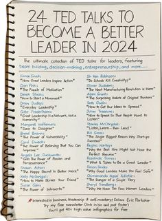 an open book with the title 24 ted talks to become a better leader in 2012