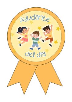 a badge with three children jumping in the air and stars around it, that says aquadante del dia