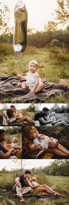 two people and a baby sitting on a blanket in the grass with a mason jar hanging above them