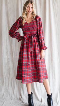 Tartan plaid check print midi dress with smocked bodice, self-tie waistline, long puffed poet sleeves. - Unlined, non-sheer, lightweight. - Model is 5'8'' and is wearing a Small. 80% POLYESTER 20% COTTON Maternity Midi Dress, Print Midi Dress, Pink Blush Maternity, Red Midi Dress, 70 Dress, Printed Midi Dress, Plaid Print, Tartan Plaid, Quality Fashion