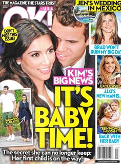 the cover of ok magazine featuring kim's baby time with her husband, kris