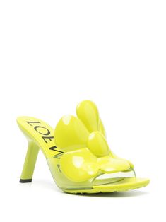 light green floral motif square open toe branded leather insole rubber sole 90mm high stiletto heel slip-on style This item is in size 40 and the color is Yellow Loewe Paula's Ibiza, Heel Mules, Stiletto Heel, Floral Motif, Ibiza, Light Green, Stiletto Heels, Open Toe, Rubber Sole