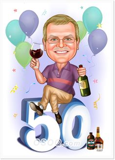 an image of a man holding a glass of wine with balloons and confetti in the background