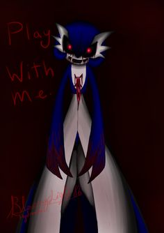 a drawing of a demon with red eyes and fangs on it's face, standing in front of a dark background