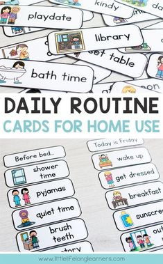 the daily routine cards for home use with text overlay that reads daily routine cards for home use