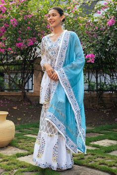 Ivory kurta featuring gather detailing with blue floral boota print all over and lace detailed hem. Paired with a tiered sharara and a lace detailed hem dupatta. - Aza Fashions Kurta Sharara Set, Kurta Sharara, Sharara Set, Hand Block Print, Set For Women, Aza Fashion, Three Quarter, Lace Detail, Block Print