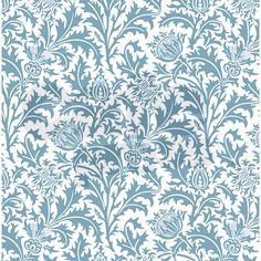 a blue and white wallpaper with an ornate design on it's side,