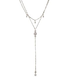 A dual chain lariat necklace that features cubic zirconia accents and dainty chain. Long Y Necklace, Silver Lariat Layered Necklace, Bohemian Lariat Jewelry For Formal Occasions, Drop Necklace Silver, Womens Necklaces Silver, Long Necklace Silver, Silver Layered Necklace, Silver Lariat Necklace, Lariat Necklaces