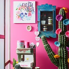 a cactus in front of a pink wall next to a shelf with decorations on it