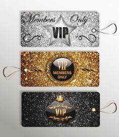 three business cards with gold, silver and black glitters on the front one is for members only