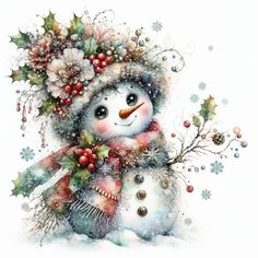 a snowman with a wreath on his head and scarf around it's neck