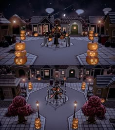 an animated halloween scene with pumpkins and lights