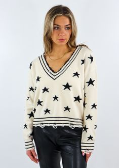 The Sweet Life Sweater ★ Cream With Stars - Rock N Rags Small Hips, Distressed Sweater, Smaller Hips, Distressed Sweaters, Black Stars, Sweater Cream, Real Girls, Sweet Life, Black Star