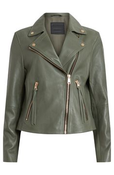 This contemporary take on a classic leather moto jacket is just the ticket for effortlessly chic everyday style. 22" length (size 8) Notched collar Lined Leather Professional leather clean Imported Deep Sage Green, Green Leather Jacket, Cropped Biker Jacket, Green Leather Jackets, Biker Outfit, Jackets Uk, Leather Moto, Leather Moto Jacket, Leather Jackets Women