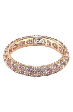 Pave CZ adds a vintage sparkle to this eternity band ring set in gold-tone plated sterling silver. 4mm band ring Sterling silver, pink sapphires, cubic zirconia Imported Pink Gold Stackable Ring Jewelry, Pink Gold Stackable Ring, Stackable Pink Gold Rings, Gold Multi-stone Eternity Band For Promise, Gold Multi-stone Diamond Eternity Band, Gold Diamond Multi-stone Eternity Band, Multi-stone Round Eternity Band As Promise Ring, Rose Gold Jewelry With Pave Setting In Round Band, Gold Multi-stone Cubic Zirconia Eternity Band