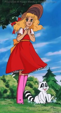 a cartoon girl in a red dress and hat standing next to a raccoon