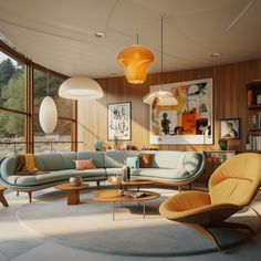 a living room filled with lots of furniture and large windows overlooking the trees in the distance