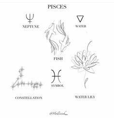 the symbols for pisces are shown in black and white, as well as water lily