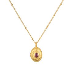 Carried close to our hearts, those we love accompany us on our journey. An 18kt gold plated locket necklace is engraved with lotus flowers—symbol of new beginnings and full potential—and sparkles with a faceted Ruby, July’s birthstone. Create a personal keepsake inside the locket while celebrating the month of your bir Satya Jewelry, Spiritual Necklace, Garnet Birthstone, Amethyst Birthstone, Gold Lotus, Ruby Birthstone, Lotus Flowers, Funky Jewelry, Chic Jewelry