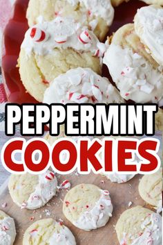 peppermint cookies with white frosting and sprinkles on a red plate