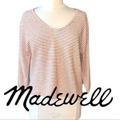 Nwt! 100% Cotton 3/4 Length Sleeve Orange And White Stripped Blouse! Super Soft And Light Weight. Fall Striped Tops With 3/4 Sleeves, Madewell Blouse, Orange White, Color Orange, Madewell, Length Sleeve, Top Blouse, Blouses, Womens Tops