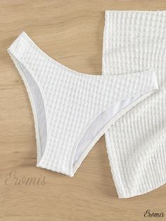 Eromis - Premium Plain White Textured Fabric 3-Piece Swimwear Set: Ring Bandeau Bikini and Stretchy Tie Side Cover Up, Perfect for Womens Swimwear and Apparel White Stretch Swim Sets, White Poolside Summer Sets, White Summer Sets For Pool, White Beach Sets For Beach Season, White Beachwear Set, White Summer Pool Sets, White Summer Pool Set, Summer White Sets For Poolside, Solid Color Swimsuit