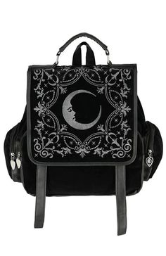 Crescent Moon Embroidery, Crescent Squares, Gothic Backpacks, Moon Embroidery, Velvet Backpack, Gothic Bag, Dark Academia Outfit, Square Backpack, Embroidered Backpack